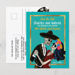 Charro Catrina Zucker Schädel Türkis Save the Date Postkarte
