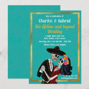 Charro Catrina Zuckerschädel tanzen Teal Hochzeit Einladung