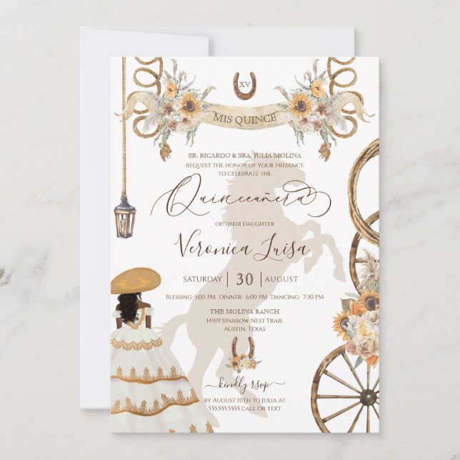 Charro Floral Boho Rustic Country Quinceanera v2 Einladung (Vorderseite)