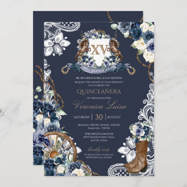 Charro Horse Wappen Royal Navy Blue Quinceanera In Einladung (Vorne/Hinten)