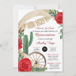 Charro Huapango Quinceanera Einladung, Rote Rosen Einladung