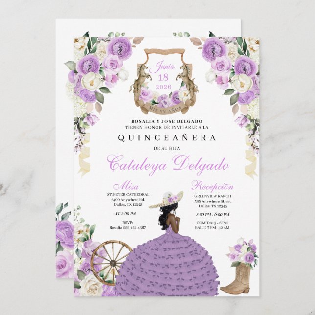 Charro Princess Lilac Western Quinceañera Einladung (Vorne/Hinten)