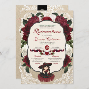 Charro Quinceanera Red Burgundy Floral Geburtstag Einladung