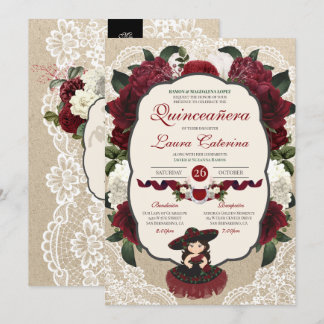Charro Quinceanera Red Burgundy Floral Geburtstag Einladung