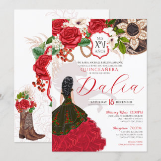 Charro Quinceañera Rote Rose Western Princess Gown Einladung