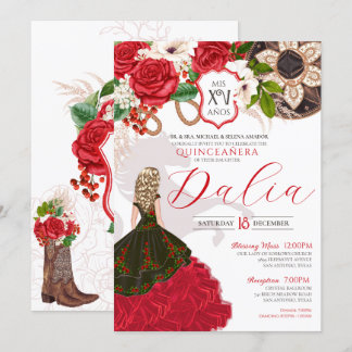 Charro Quinceañera Rote Rosen Wappen Western Einladung