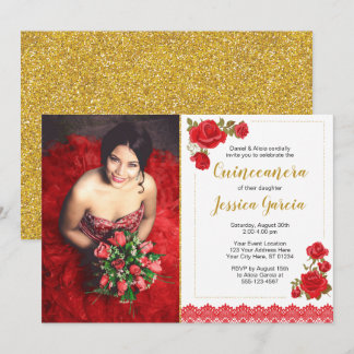 Charro Quinceñera Einladung| Rose und Spitzen Einladung