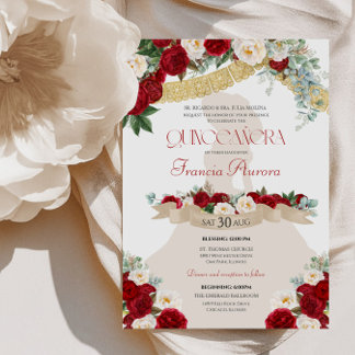 Charro Red White Gold Quinceanera Einladung