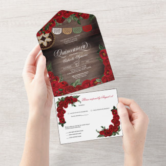 Charro Rote Rosen Rustikales Quinceanera  All In One Einladung