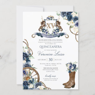 Charro Royal Navy Blue Floral Wappen Quinceanera Einladung