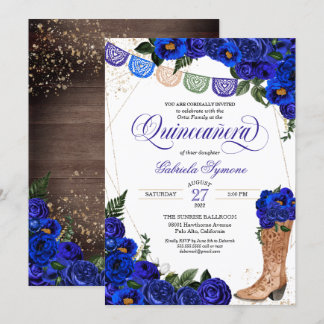 Charro Rustic Cowgirl Boots Blue Rose Quinceañera Einladung