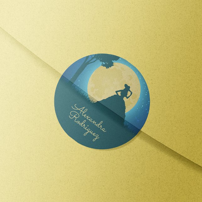 Charro-Silhouette mit Moon Quinceañera Runder Aufkleber (Von Creator hochgeladen)