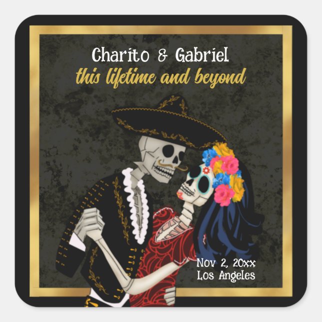 Charro und Catrina Sugar Skulls Black Quadratischer Aufkleber (Vorderseite)