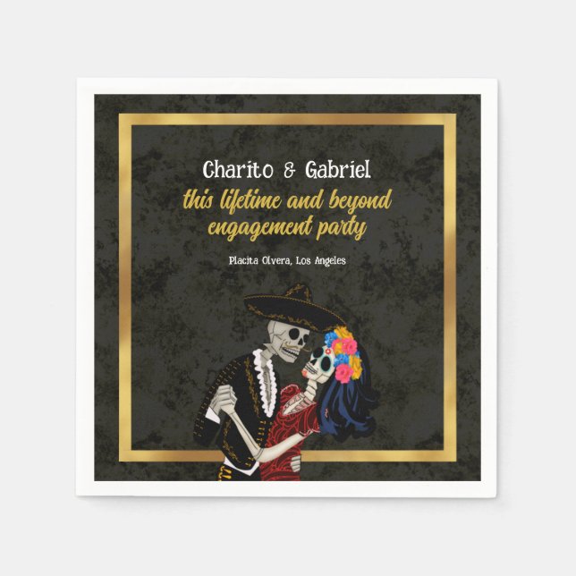 Charro und Catrina Sugar Skulls Black Serviette (Vorderseite)