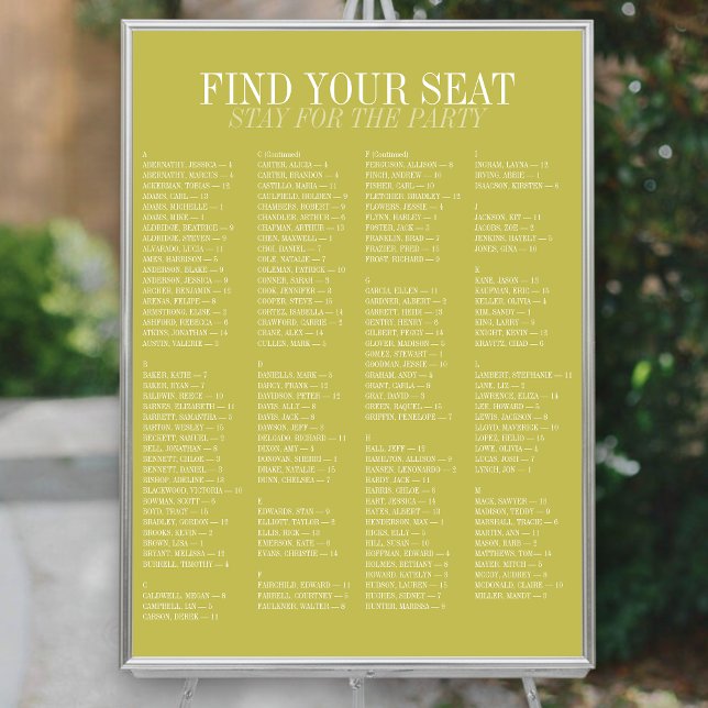 Chartreuse Alphabetische Hochzeit Sitzordnung Poster (Chartreuse Alphabetical Wedding Seating Chart)