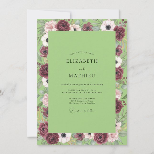 Chartreuse Anemonen-Hochzeit in Marine Einladung (Vorderseite)