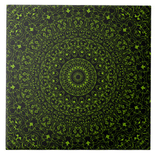 Chartreuse auf dem Schwarzen Mandala Kaleidoskop M Fliese