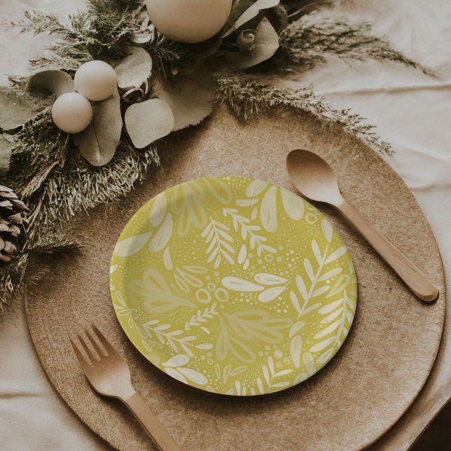Chartreuse Bramble | Botanische Feste Teller (Chartreuse Yellow Bramble | Festive botanical holiday party paper plates)