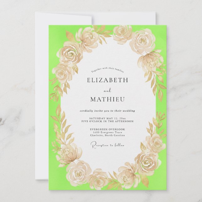 Chartreuse Champagner Florale Hochzeit Einladung (Vorderseite)
