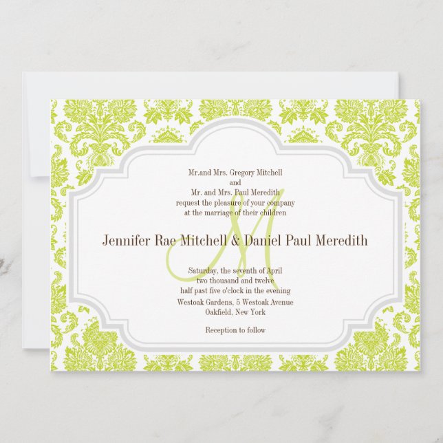 Chartreuse Damask Gray White Wedding Einladungen (Vorderseite)