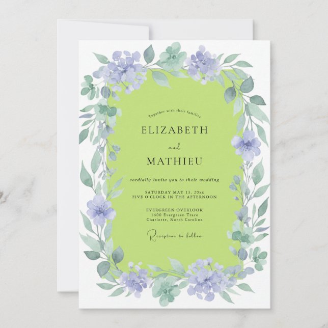 Chartreuse Flieder Kranz Hochzeit Einladung (Vorderseite)