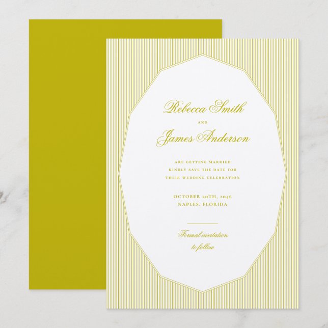 Chartreuse Formal Elegant Classic Stripes Wedding Save The Date (Vorne/Hinten)