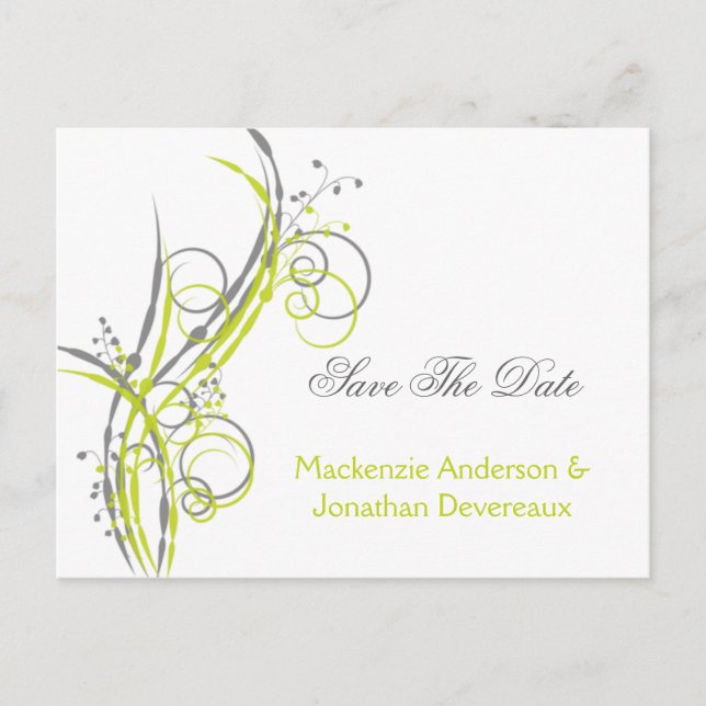 Chartreuse Gray Floral Wirbel Save the Date Ankündigungspostkarte (Vorderseite)