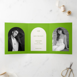 Chartreuse Green Arch Modern Wedding Save the Date Dreifach Gefaltete Ankündigung