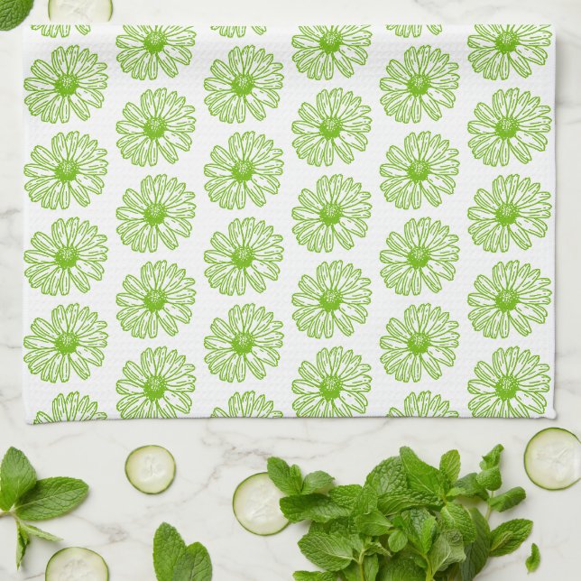 Chartreuse Green Daisy Print, Hippie Blume Print Geschirrtuch (Gefaltet)
