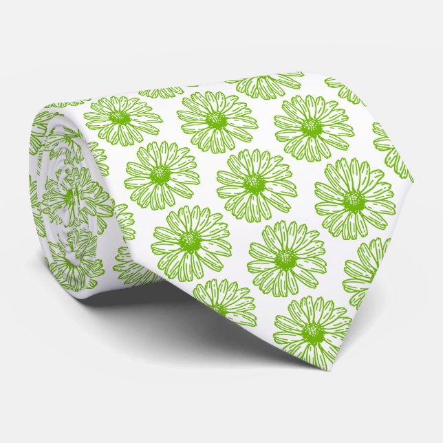 Chartreuse Green Daisy Print, Hippie Blume Print Krawatte (Gerollt)
