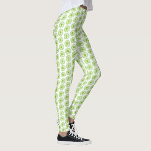 Chartreuse Green Daisy Print, Hippie Blume Print Leggings