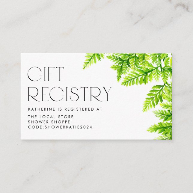 Chartreuse Green Fern Blätter Baby Showregister Begleitkarte (Vorderseite)