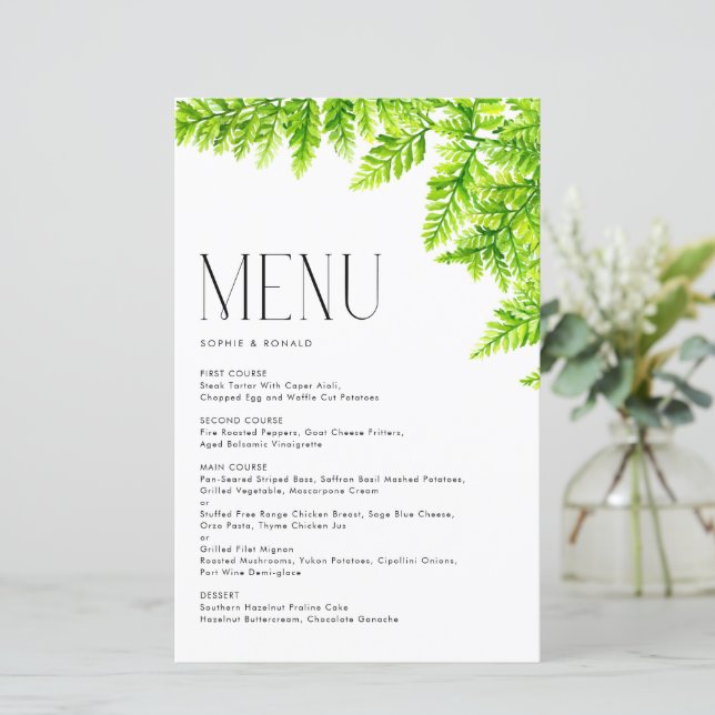 Chartreuse Green Fern Blätter Wedding Menu Card (Stehend Vorderseite)