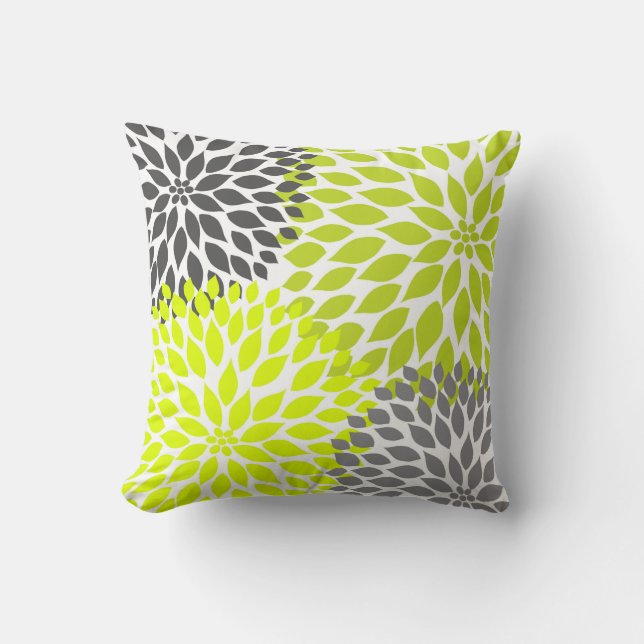 Chartreuse Green Gray Dahlia Mod Decke Sofa Kopfki Kissen (Vorderseite)