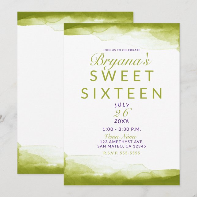 Chartreuse Green Watercolor Chic Sweet 16 Party Einladung (Vorne/Hinten)