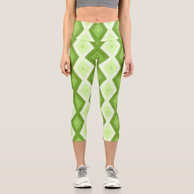 Chartreuse grünes Diamantmuster Capri Leggings (Vorderseite)