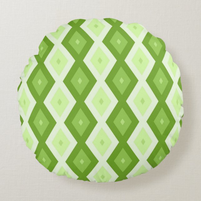 Chartreuse grünes Diamantmuster Rundes Kissen (Vorderseite)