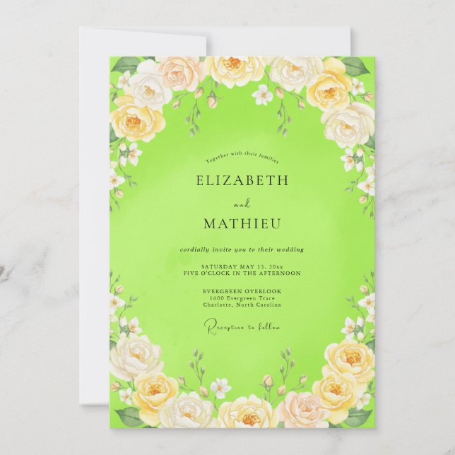 Chartreuse Hochzeit mit Blüten Einladung (Vorderseite)