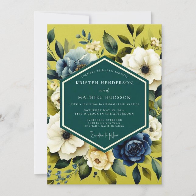 Chartreuse Indigo Bloom Hochzeit Einladung (Vorderseite)