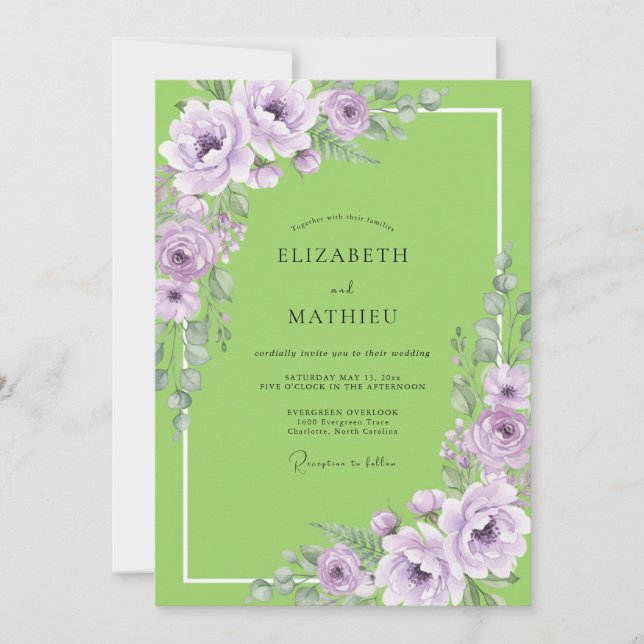 Chartreuse Lavendel Ranunculus Eucalyptus Hochzeit Einladung (Vorderseite)