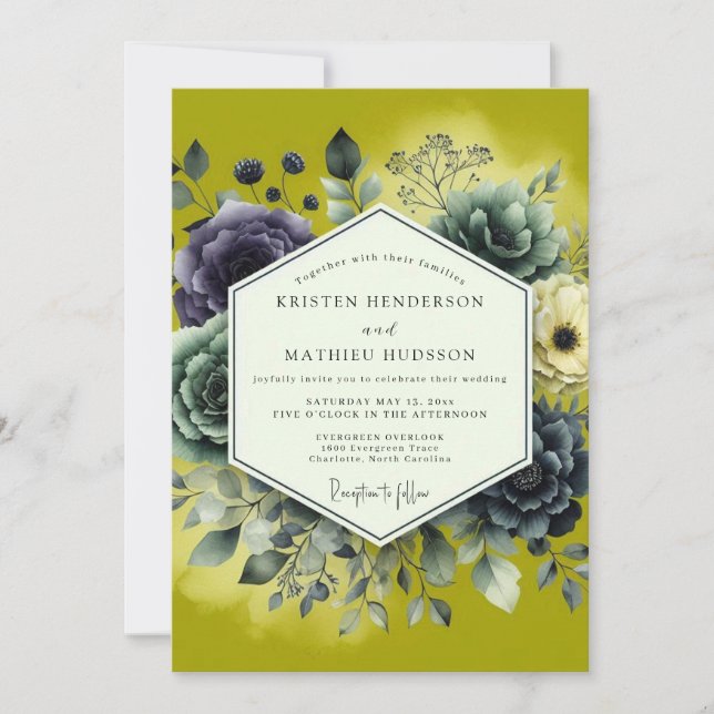 Chartreuse Lush Botanical Wedding Einladung (Vorderseite)