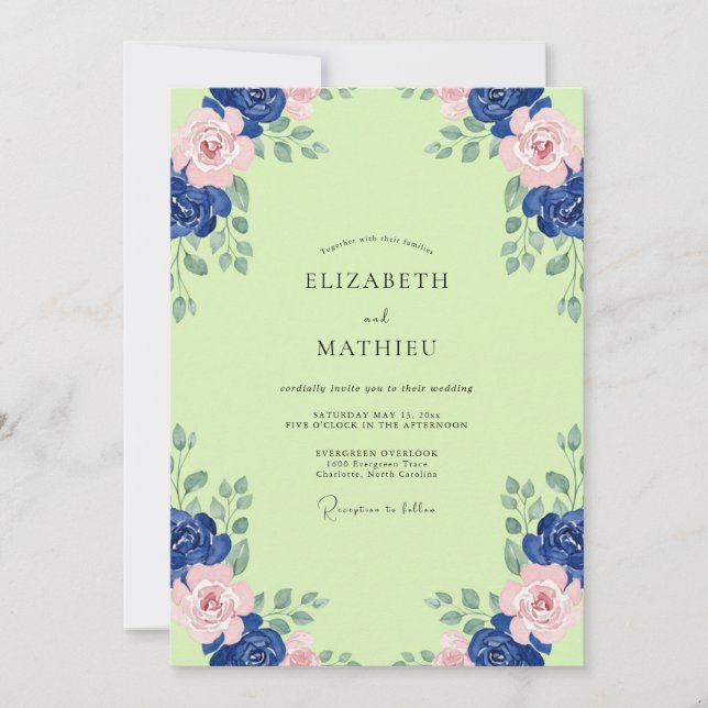 Chartreuse-Navy-Pfingstrosen-Hochzeit Einladung (Vorderseite)