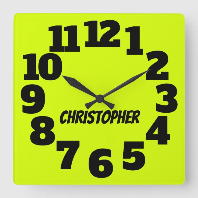 Chartreuse Neon Yellow Green Big Numbers Quadratische Wanduhr (Vorderseite)