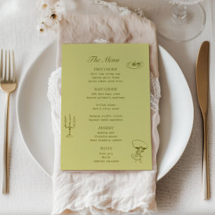 Chartreuse Olivgrün Illustriertes Hochzeitsmenü Menükarte
