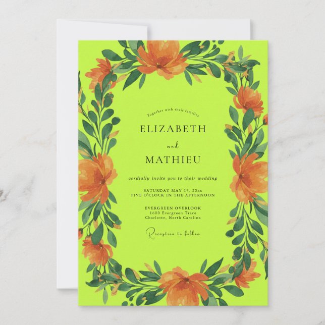 Chartreuse Orange Mohn Hochzeit Einladung (Vorderseite)