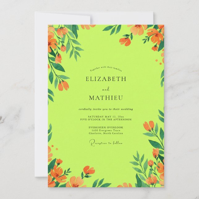Chartreuse Orange Wildflower-Hochzeit Einladung (Vorderseite)