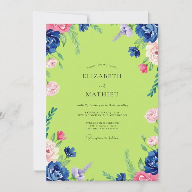 Chartreuse Rosa Pfingstrosen-Hochzeit Einladung (Vorderseite)