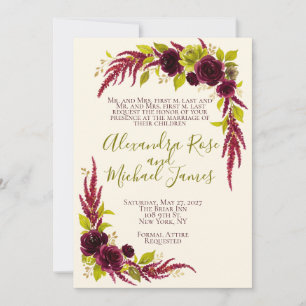 Chartreuse- und Burgunderrote Blumen Hochzeitseinl Einladung
