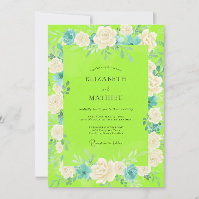 Chartreuse Weiße Rose Hochzeit Einladung (Vorderseite)