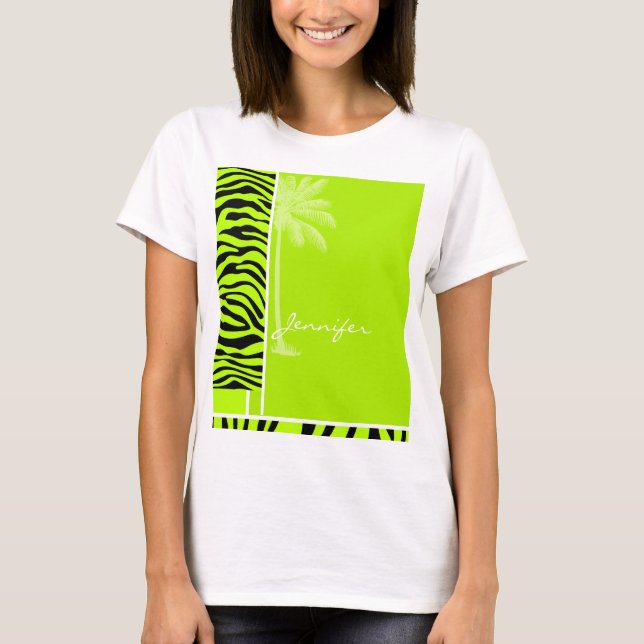 Chartreuse Zebra-Streifen-Tierdruck; Palme T-Shirt (Vorderseite)